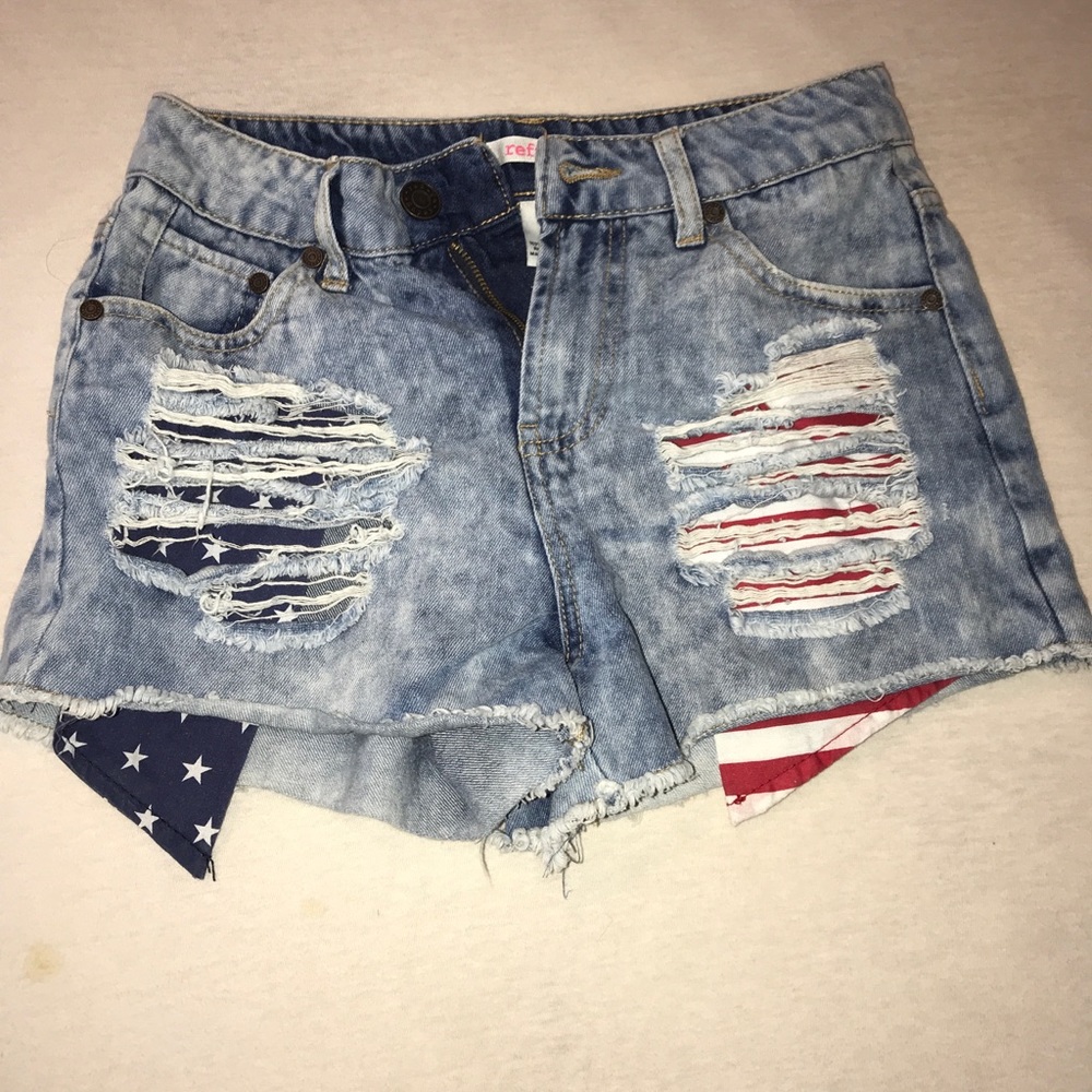 High waisted red, white, and blue jean shorts